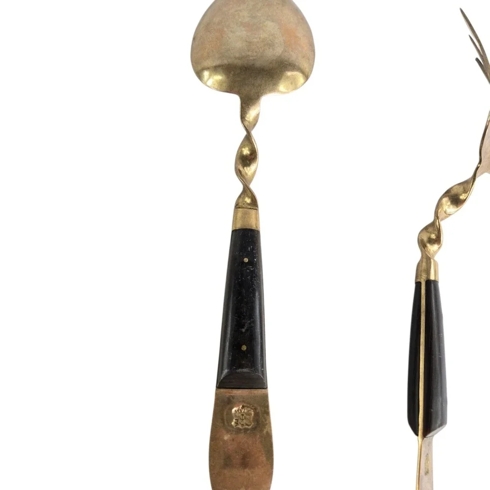 SBF Siam 2 Piece Salad‎ Serving Utensil Set Brass Fork Spoon Horn Handle 11